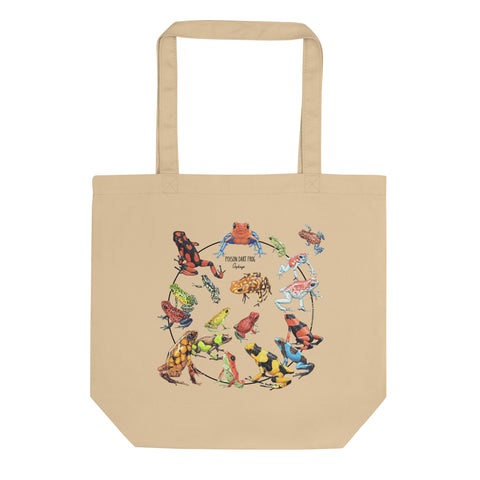 Product mockup of our poison dart frog tote bag with a selection of different oophaga-frogs.