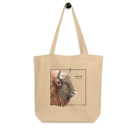 Product mockup of our 100% organic tot bag with a print of a europeant bison (wisent)