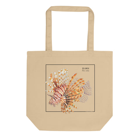 Product mockup of our 100% organic tote bag with a vibrant, red lionfish print.