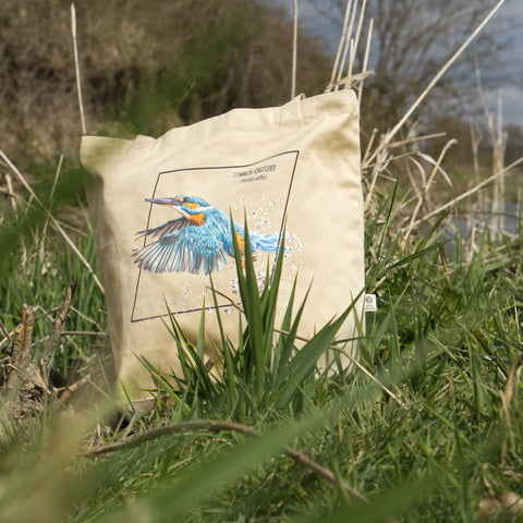 Organic tote bag featuring a common kingfisher in an outside photoshoot, standing amongst long grass along a river.