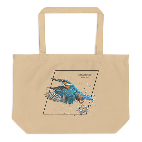 Product mockup of our large organic tote bag with a common kingfisher print. Here lying flat on a white surface.