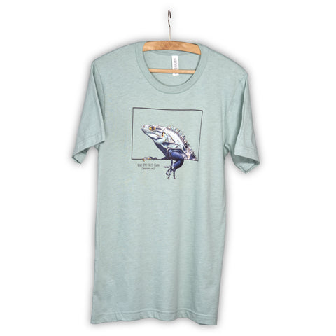 Product photo of our black iguana t-shirt on a heather prism dusty blue base colour. Hanging from a wooden hanger.
