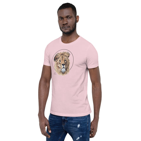 Product mockup of our lion print t-shirt, worn by a male model. This shirt's base colour is soft pink.