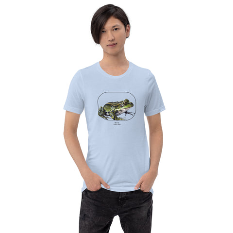 Product mockup of our beautiful marsh frog t-shirt on a slim male model. The shirt base colour is baby blue.