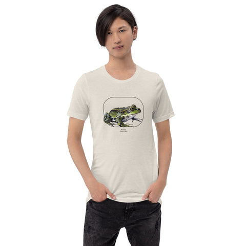 Product mockup of our beautiful marsh frog t-shirt on a slim male model. The shirt base colour is heather dust.