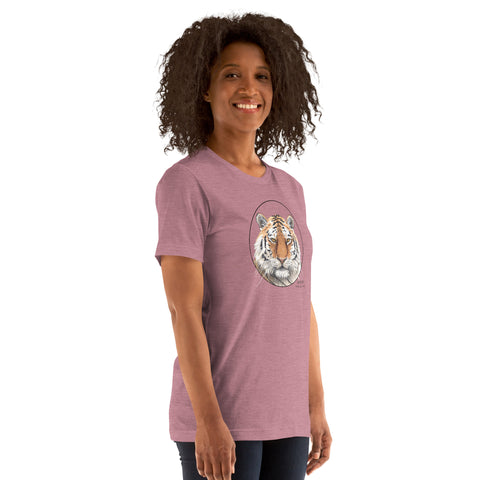 Product mockup of a female model wearing the stunning siberian tiger t-shirt in heather orchid colour.