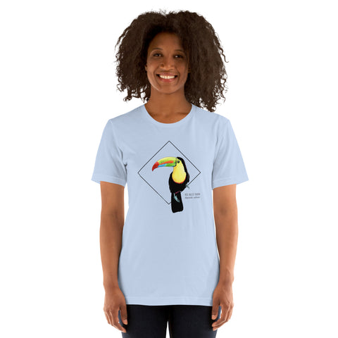 Product mockup showing a female model wearing the keel-billed toucan shirt in the colour steel blue.