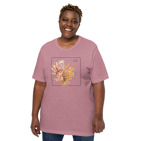 Product mockup with a female model wearing the red lionfish t-shirt in the colour heather orchid.