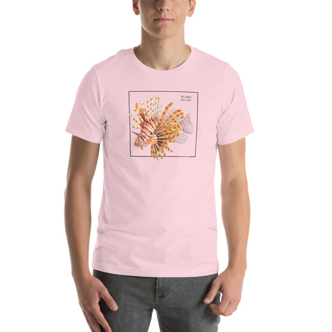 Product mockup with a male model wearing the red lionfish t-shirt in the colour soft pink.