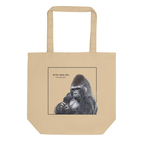 Product mockup of our tote bag with a beautiful print of a hand-drawn animal. This one features western lowland gorilla. 100% organic cotton. Beach bag, shopping bag, travel bag, or just as a present. PETA-approved vegan.