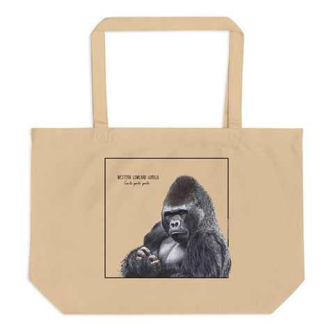 Product mockup of our tote bag with a beautiful print of a hand-drawn animal. This one features western lowland gorilla. The perfect shopping bag, beach bag or gym bag!