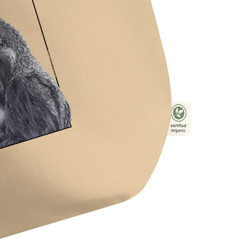 Product mockup of our tote bag with a beautiful print of a hand-drawn animal. This one features western lowland gorilla. The perfect shopping bag, beach bag or gym bag!
