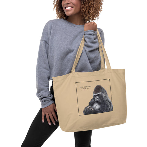 Product mockup of our tote bag with a beautiful print of a hand-drawn animal. This one features western lowland gorilla. The perfect shopping bag, beach bag or gym bag!