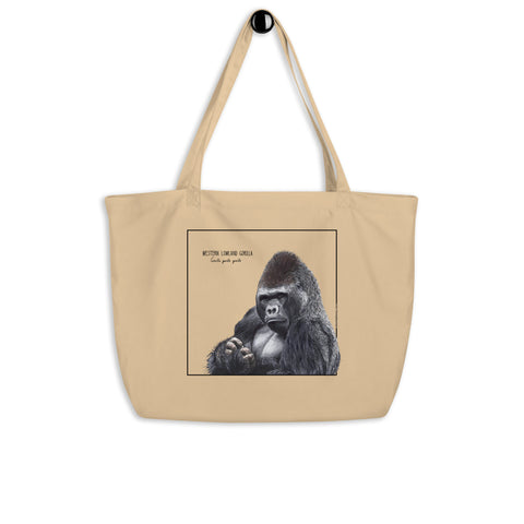 Product mockup of our tote bag with a beautiful print of a hand-drawn animal. This one features western lowland gorilla. The perfect shopping bag, beach bag or gym bag!