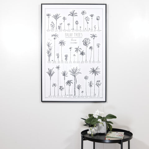Modern, black and white poster (60x90cm / 24x36“) of Palm trees native to Oceania with all its islands and atolls. Scientific and English names. Quality print of hand drawn palm trees, drawn in black ink with details and animals for size comparison. Black wood frame, ready to hang!