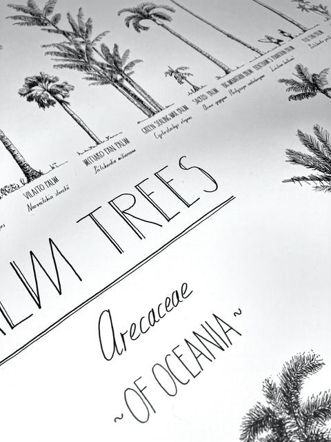 Close-up of a poster. Details of the beautiful hand-drawn trees and hand-lettering.