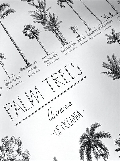 Close-up of a poster. Details of the beautiful hand-drawn trees and hand-lettering.
