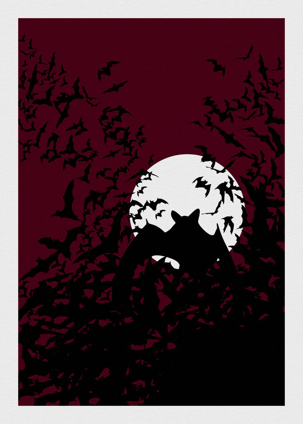 Bat cave with bats swarming out on a blood red background and a full moon. Size 50/70cm (20/28")