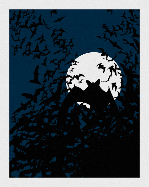 Bat cave with bats swarming out on a midnight blue background and a full moon. Size 40/50cm (16/20")