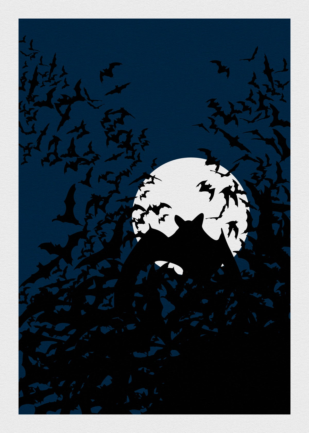 Bat cave with bats swarming out on a midnight blue background and a full moon. Size 50/70cm (20/28")