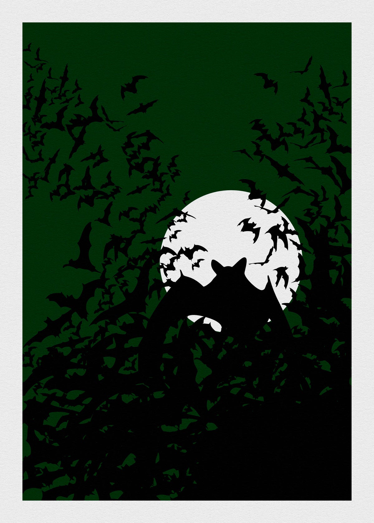 Bat cave with bats swarming out on a swamp green background and a full moon. Size 50/70cm (20/28")