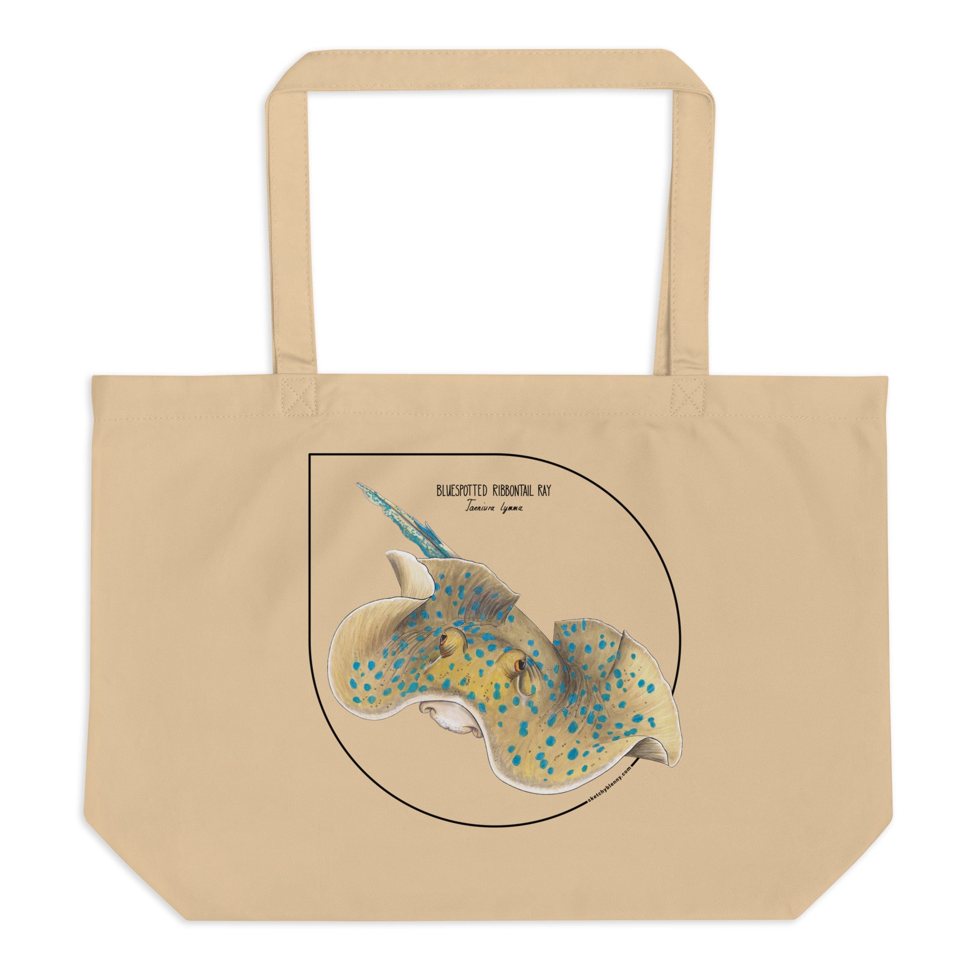 Mock-up of our large Bluespotted ribbontail ray tote bag. made from 100% organic cotton.