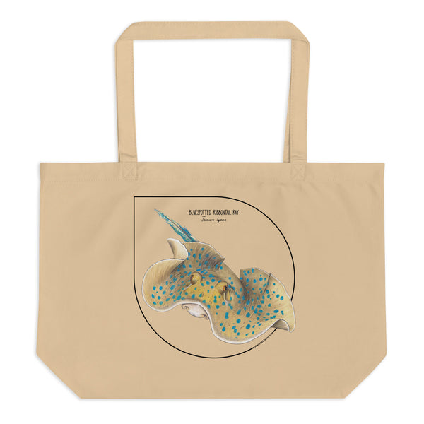 Mock-up of our large Bluespotted ribbontail ray tote bag. made from 100% organic cotton.