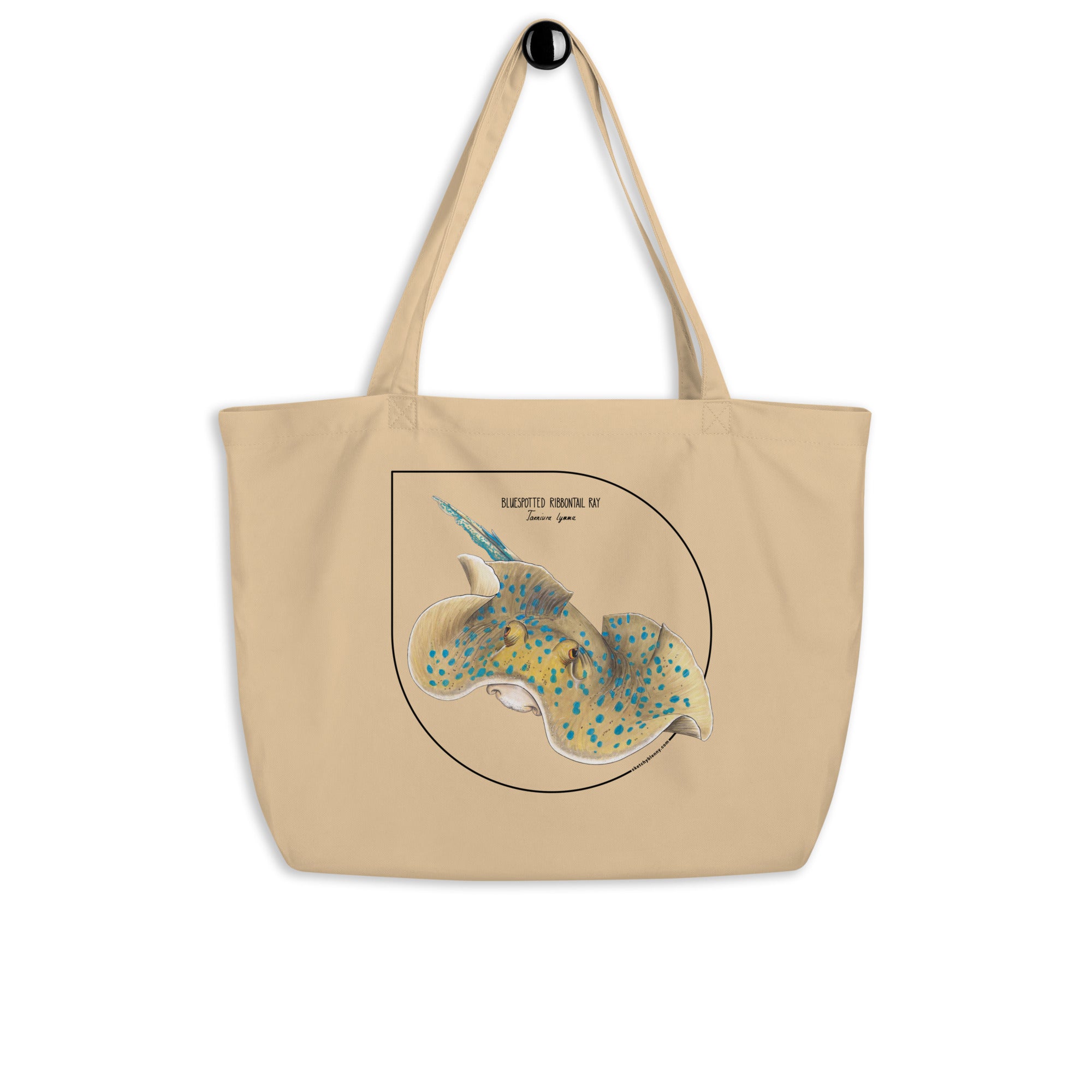 Mock-up of our large Bluespotted ribbontail ray tote bag. made from 100% organic cotton.