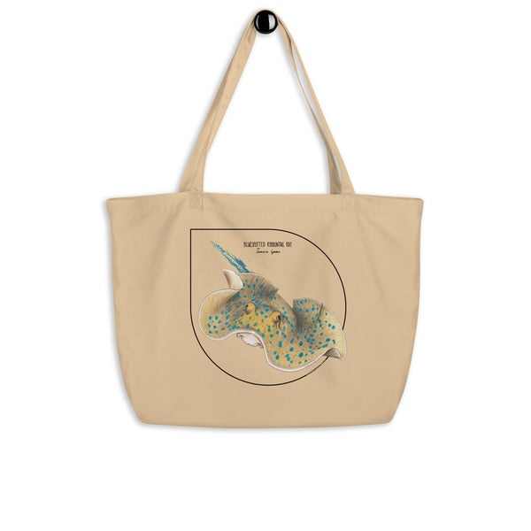 Mock-up of our large Bluespotted ribbontail ray tote bag. made from 100% organic cotton.