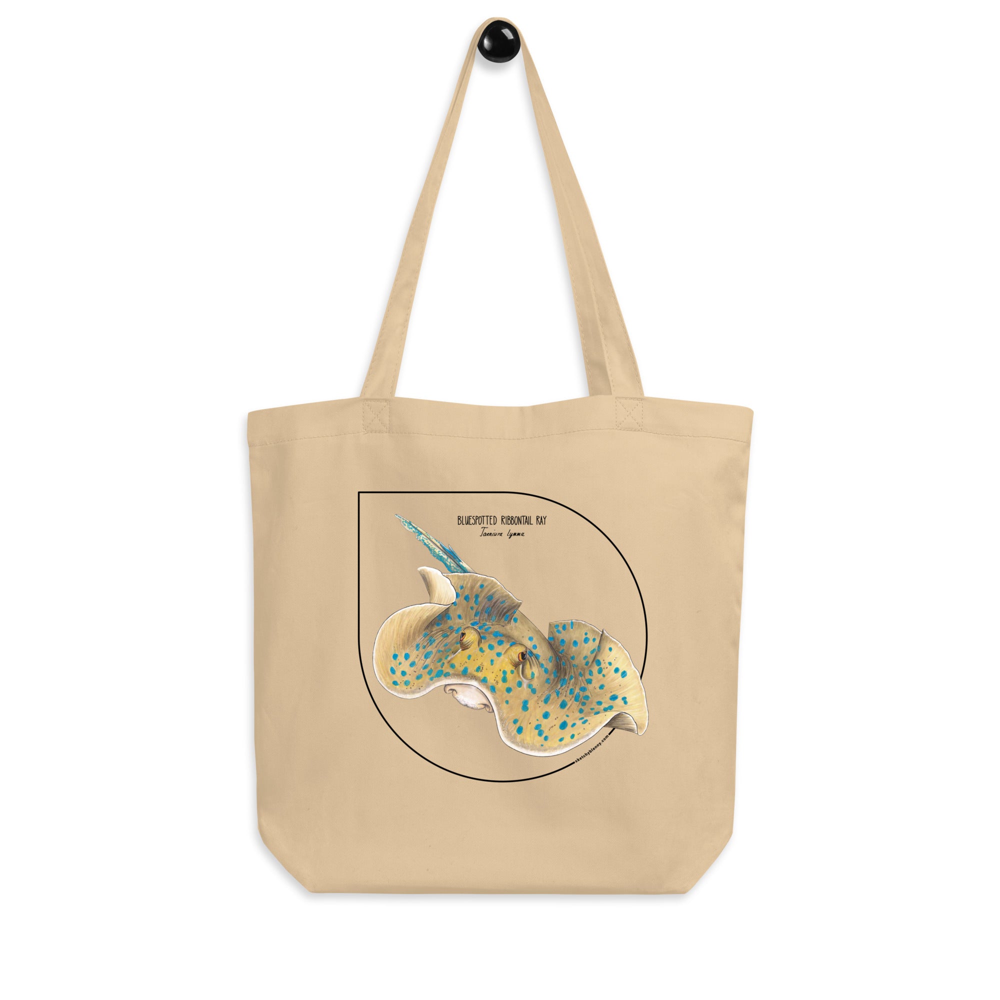 Mock-up of our Bluespotted ribbontail ray tote bag. made from 100% organic cotton.