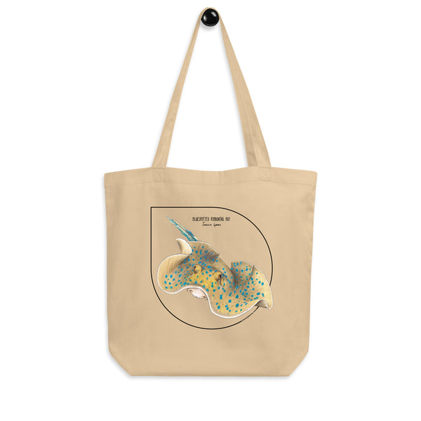 Mock-up of our Bluespotted ribbontail ray tote bag. made from 100% organic cotton.