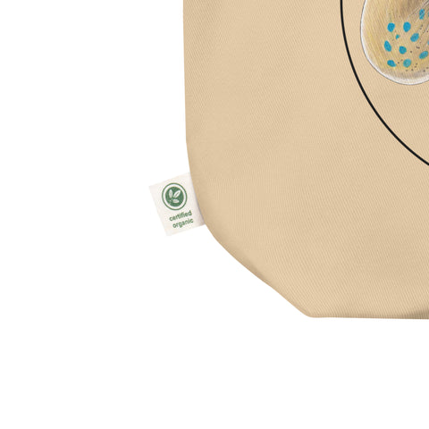 Mock-up detail of our Bluespotted ribbontail ray tote bag. made from 100% organic cotton.