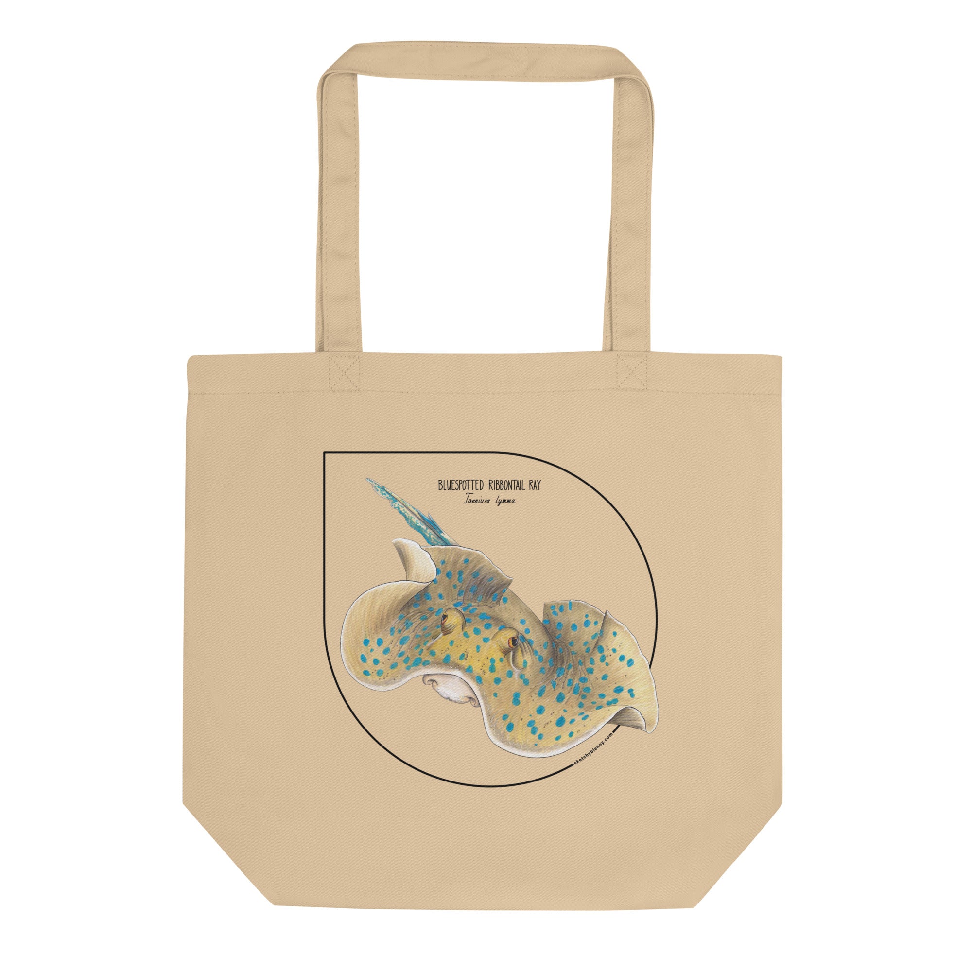 Mock-up of our Bluespotted ribbontail ray tote bag. made from 100% organic cotton.
