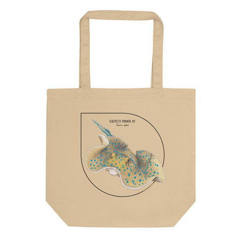 Mock-up of our Bluespotted ribbontail ray tote bag. made from 100% organic cotton.