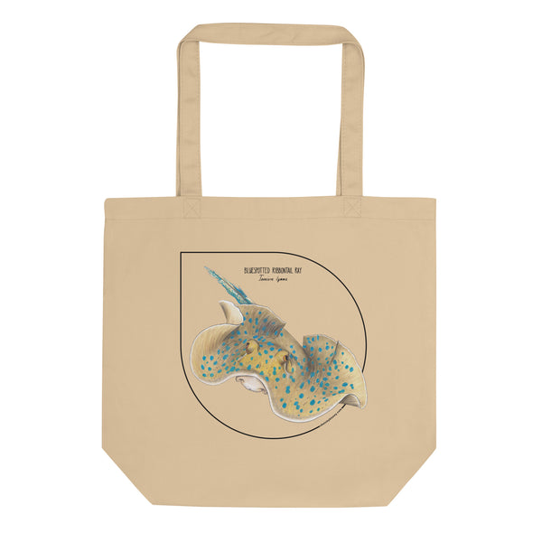 Mock-up of our Bluespotted ribbontail ray tote bag. made from 100% organic cotton.