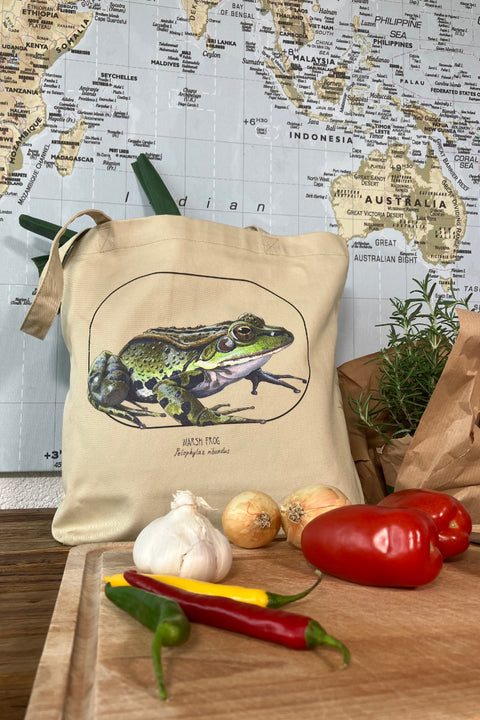 Cotton tote bag, used for grocery shopping.. This one features a marsh frog.