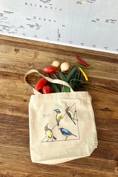 Back from grocery shopping. This sturdy bag has prints of variable sunbirds. 2 females and 2 males looking at each other.