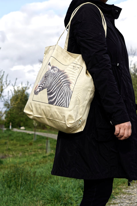 Tote bag with a Grévy's Zebra. Good for carrying over the shoulder, as in the photo.