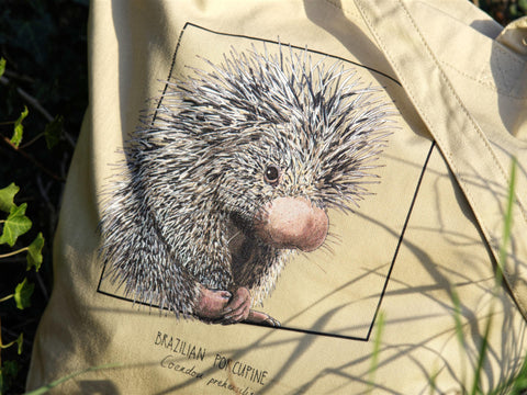 Close up of a tote bag with a Brazilian Porcupine. 100% organic cotton.
