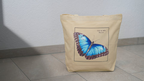 Quality tote bag with a stunning, blue butterfly print.