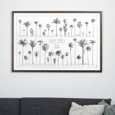 Photo of our 90x60cm (36x24") Oceania poster in a dark wood frame in a living room.