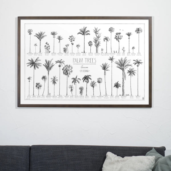 Photo of our 90x60cm (36x24") Oceania poster in a dark wood frame in a living room.