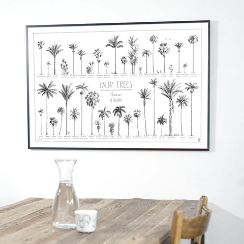 Photo of our 90x60cm (36x24") Oceania poster in a black frame over a dining table.