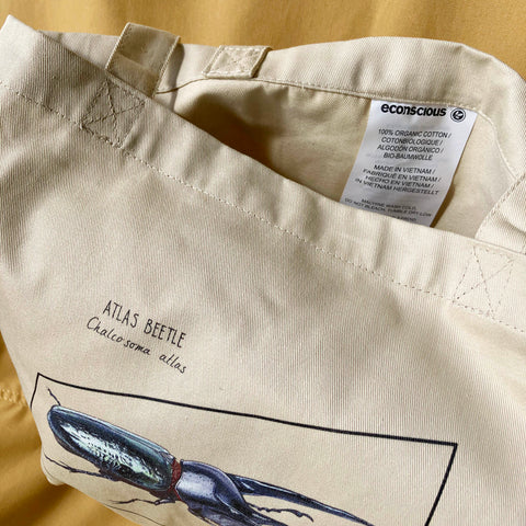 Close up of our tote bag with print of an atlas beetle. Beautiful print of hand-drawn animal, 100% organic cotton. Beach bag, shopping bag, travel bag, or just as a present. Here we used it as a beach bag.