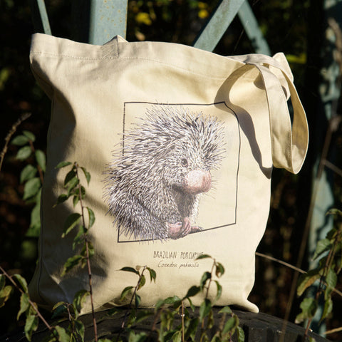 Tote bag with print of a Brazilian porcupine. Beautiful print of hand-drawn animal, 100% organic cotton. Beach bag, shopping bag, travel bag, or just as a present. Here shown in a real-life setting.