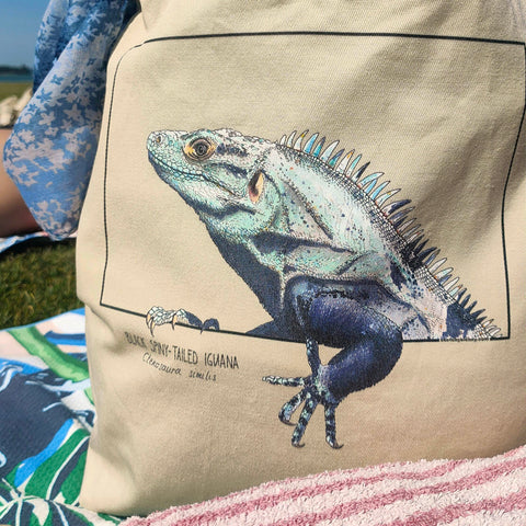 Ourote bag with print of an iguana. Beautiful print of hand-drawn animal, 100% organic cotton. Shopping bag, travel bag, or as a beach bag, as we've done here!t