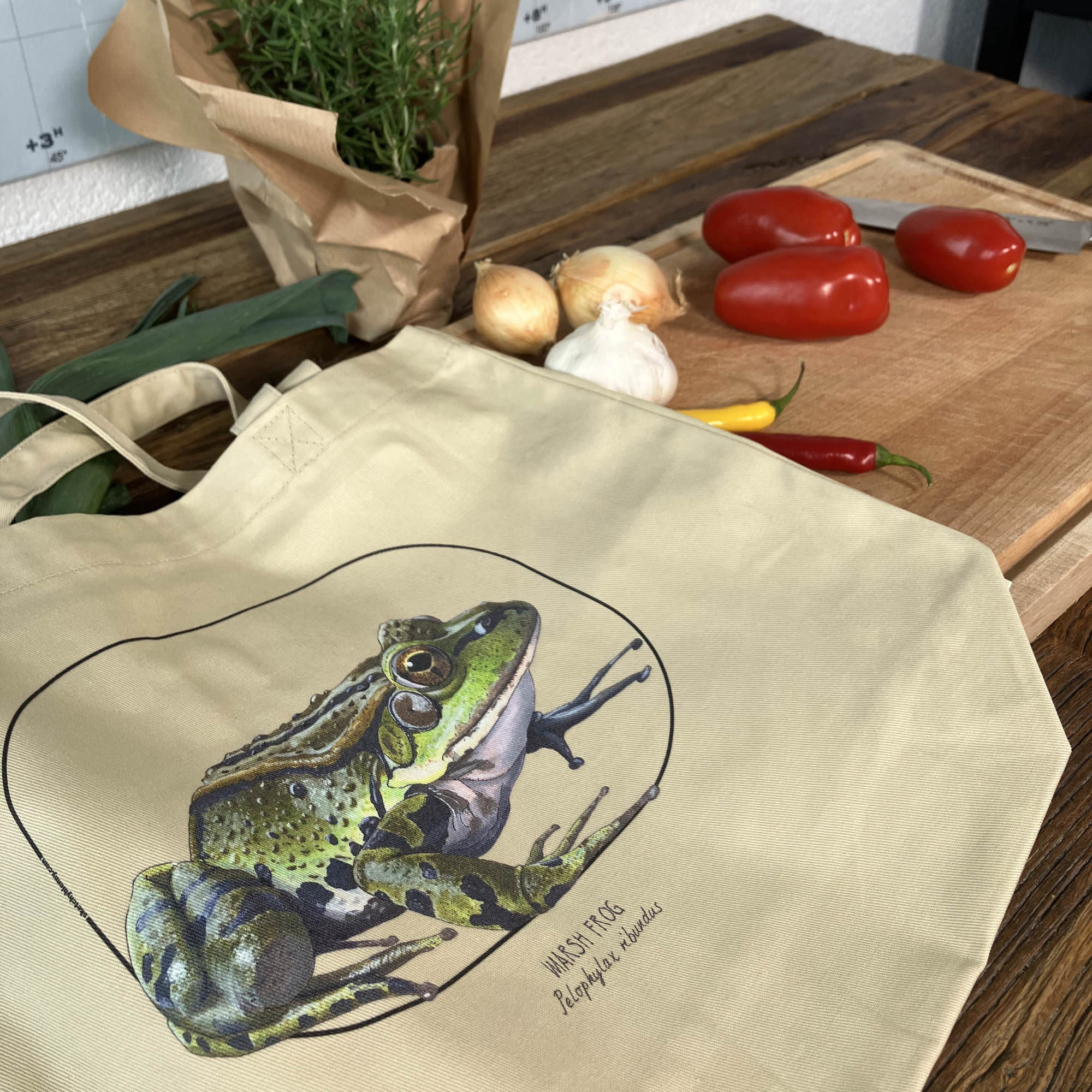 Standard size tote bag made from 100% organic cotton. This marsh frog print was lovingly hand-crafted with lots of detail. Here we use it for groceries.