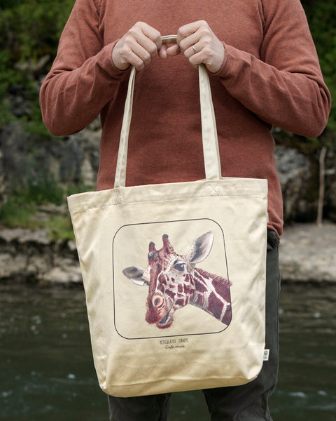 Sturdy, 100% organic tote bag featuring a reticulated giraffe.