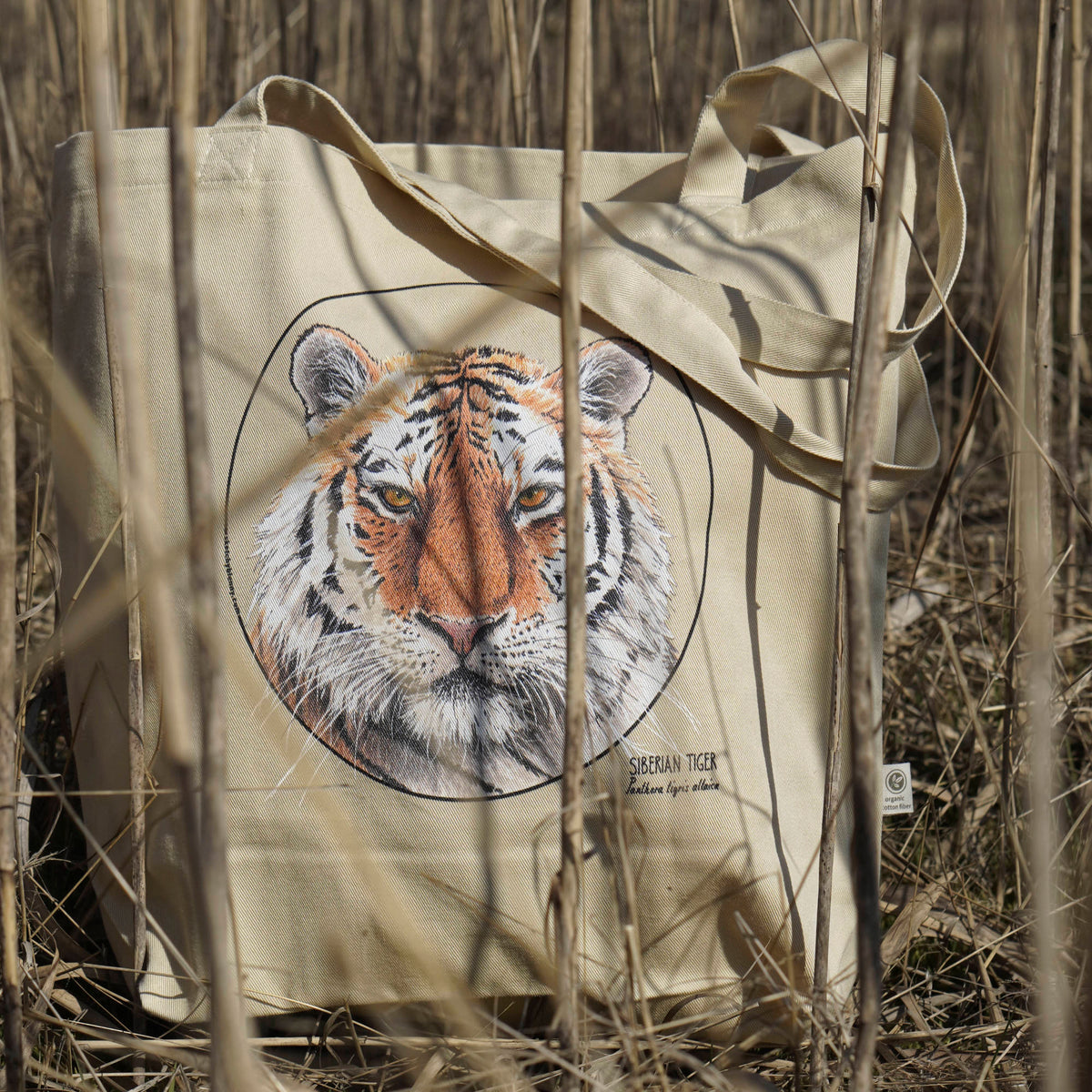 Our organic cotton tote bag with a striking siberian tiger print, hiding in a field of reeds.