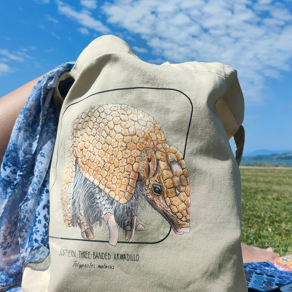 Large tote bag with a cute little southern three-banded armadillo on it. 100% organic cotton. We use it often to carry things, like our beach stuff on a sunny day!
